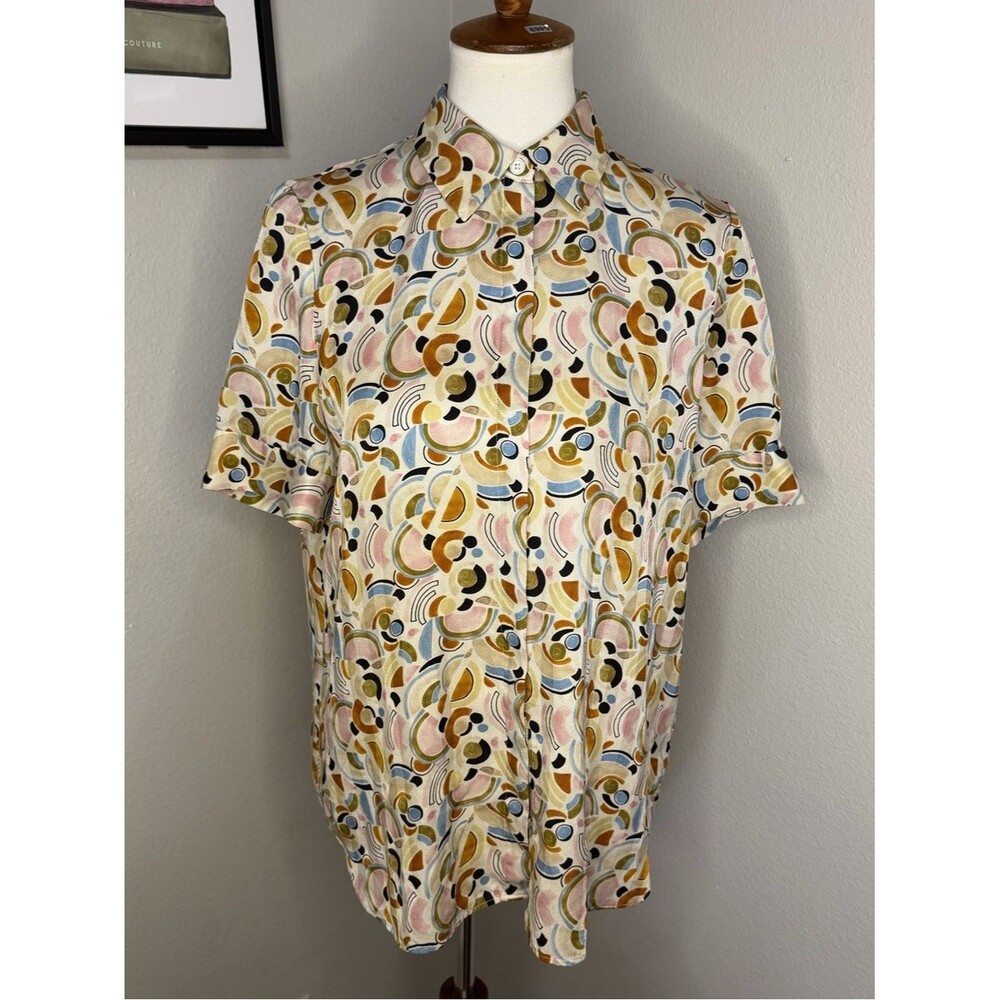 Lafayette 148 100% Silk Art Deco Geometric Print Short Sleeve Blouse M - Picture 4 of 13